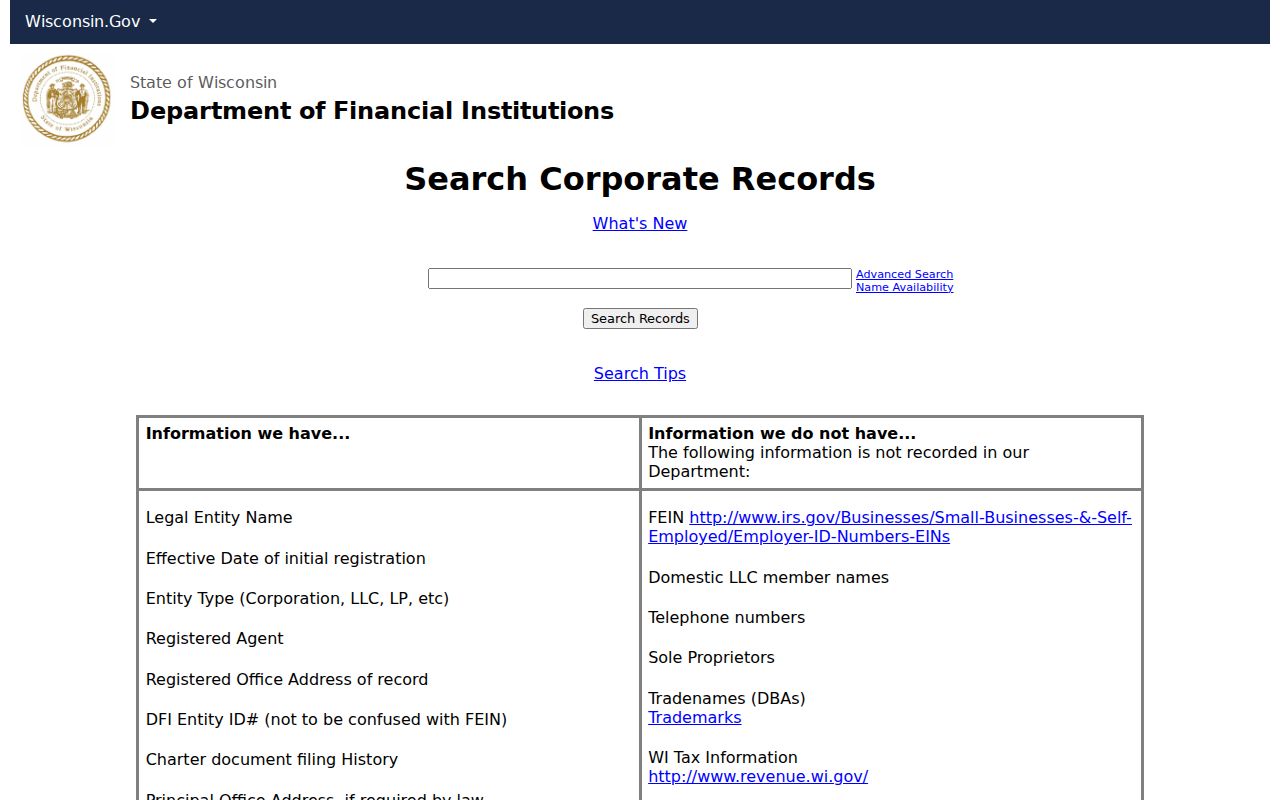 Wisconsin corporate record fields used in a Menomonee Falls resident lookup