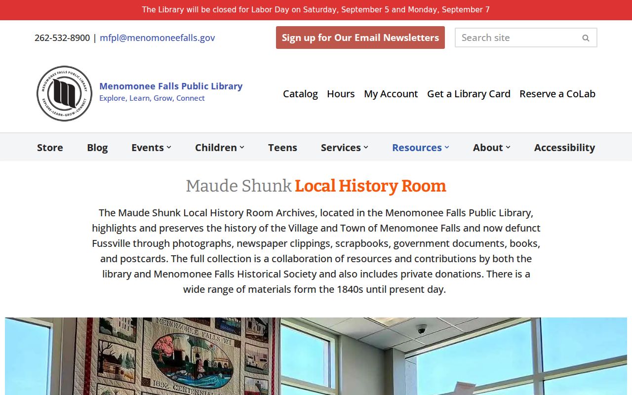 Maude Shunk Local History Room collections page at Menomonee Falls Public Library